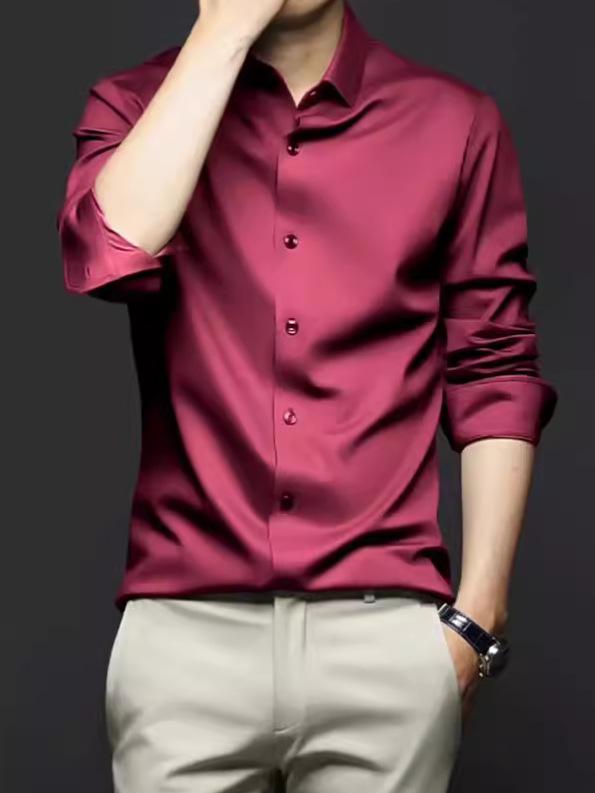 シャツ メンズ 長袖 男性用 中国赤 ポリエステル 形態安定 ビジネス フォーマル 無地 スリムタイプ 38 ..