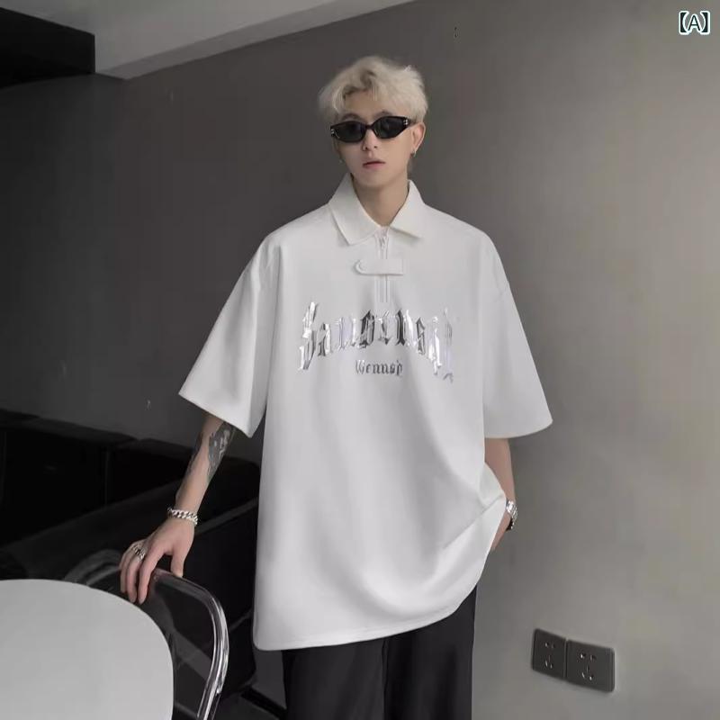 ポロシャツ メンズ 半袖 メタル スパンコール アルファベット プリント トップス ハーフジップ カット..