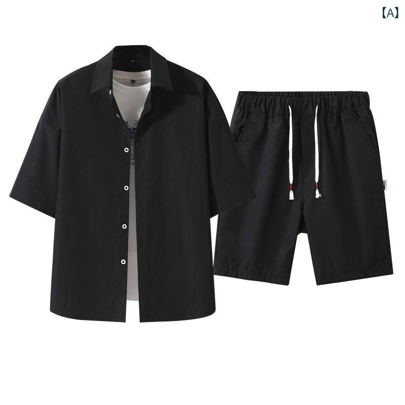LINEAR shopのシャツ メンズ 半袖 短パン セットアップ 男性用 部屋着 ルームウェア 上下セット ポリエステル ブラック 黒 普段使い 韓国｜アングル2