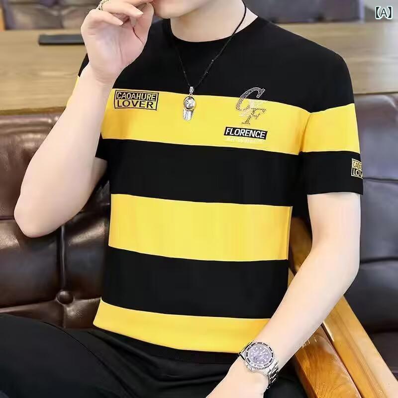 Tシャツ メンズ 男性用 半袖 トップス ストライプ柄 ポリエステル ラウンドネック スリム 薄手 接触冷感 スポーツ ウェア イエロー グレー ブルー カーキ ブラック グリーン M L XL 2L 3L 4L(x2)