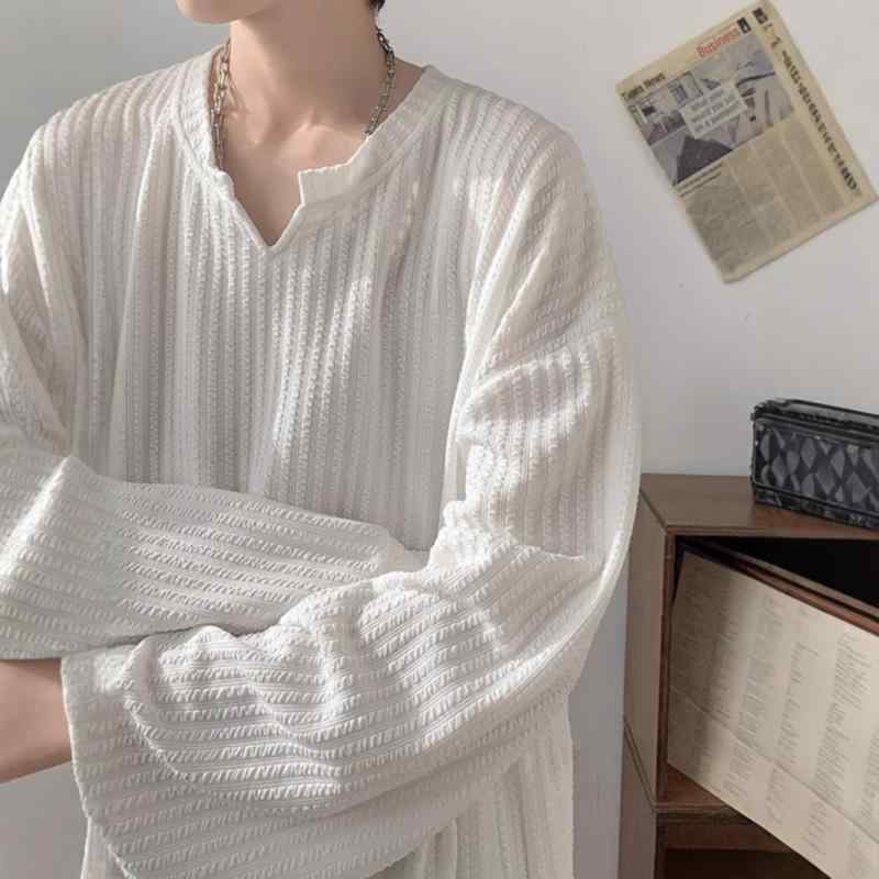 Tシャツ メンズ Vネック 長袖 カットソー 裏起毛 厚手 ヘンリーネック 白 ホワイト 亜麻 リネン混紡 ゆ..