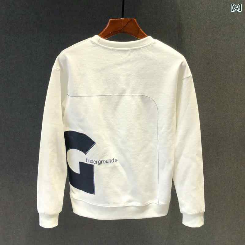 スウェット メンズ トレーナー 長袖 トップス ラウンドネック プルオーバー プリント ゆったり 部屋着 ルームウェア カジュアル スタイル 春秋 薄手 ブラック ホワイト