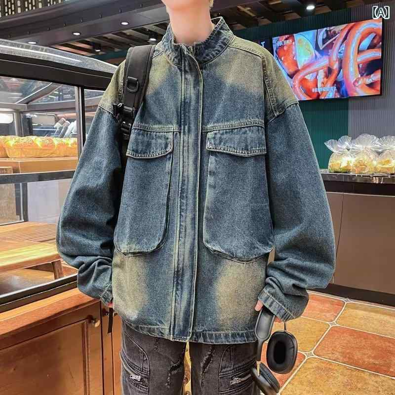 ジャケット 男性用 デニム 立襟 ジップアップ ブルゾン Gジャン アウター ゆったり 大きめサイズ 普段使い カジュアル ブルー 2
