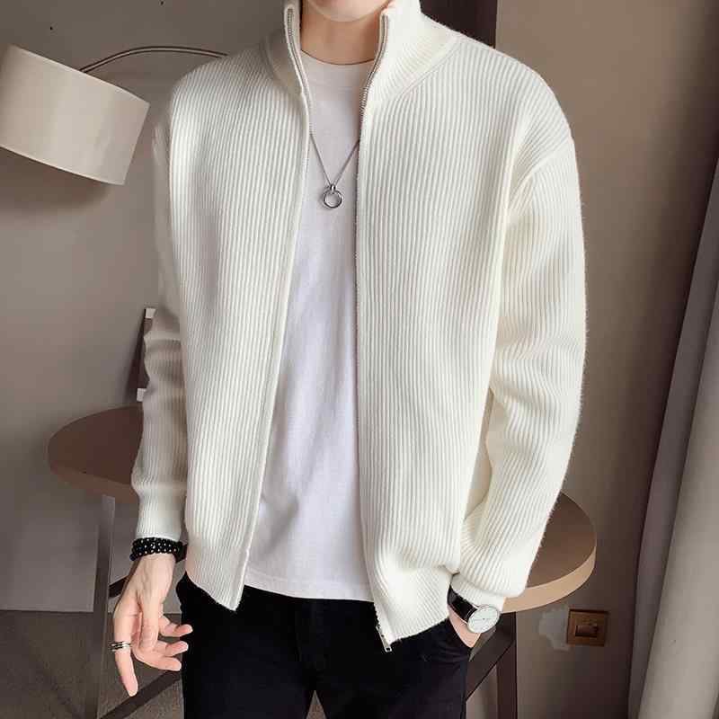 ニット ジャケット メンズ 秋冬 韓国 スリム ニットカーディガン トップス 男性用 羽織り 無地 ポリエステル ブラック系