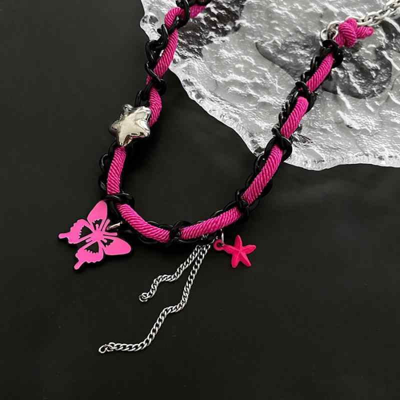 ネックレス レディース チョーカー ペンダント バタフライ 蝶 モチーフ ピンク系 合金製 Y2K パンク ヒ..