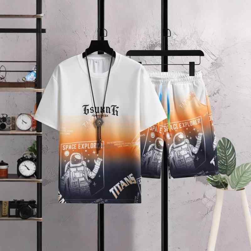 セットアップ メンズ 男性用 グラデーション Tシャツ & ショートパンツ スポーティー 普段使い リラックス ウェア 部屋着 春夏 化繊 混紡 接触冷感 吸湿速乾 オレンジ ブルーグレー オリーブグリーン