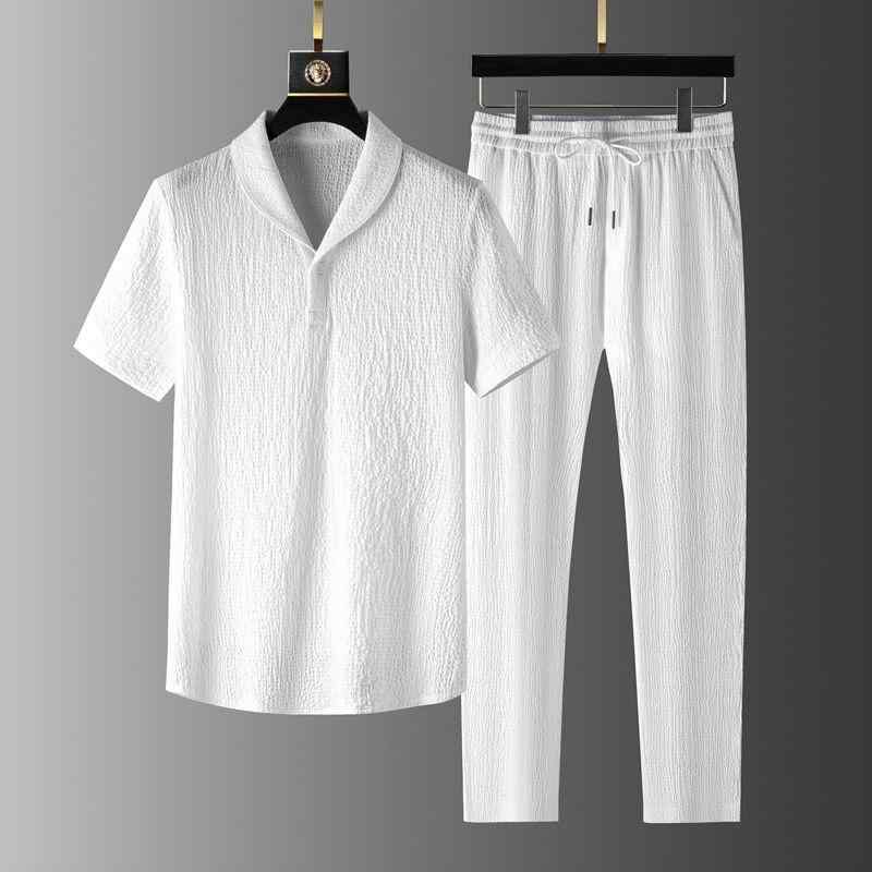 Rakuten - セットアップ メンズ 男性用 リネン 麻 薄手 半袖 Tシャツ ロングパンツ 上下セット ルームウェア 部屋着 普段使い アウトドア カジュアルスタイル 春夏 ブラック 黒 ホワイト 白