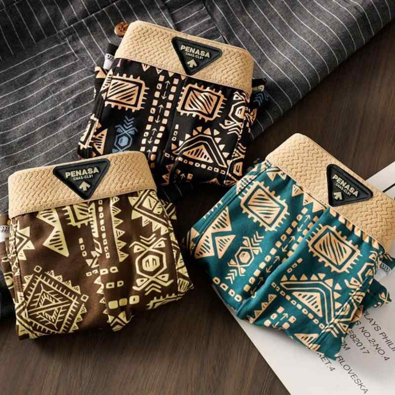 パンツ 男性用 ボクサーパンツ 民族風 ポリエステル 接触冷感 吸湿速乾 通気 伸縮 快適 インナー 中腰 黒 緑 茶