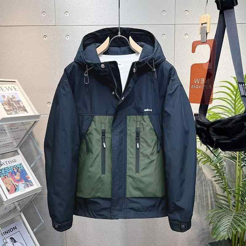 ジャケット 男性用 薄手 フード付き カジュアル 春秋 耐摩耗 長袖 ポリエステル 切り替え ブラック グリーン 普段使い 運動着