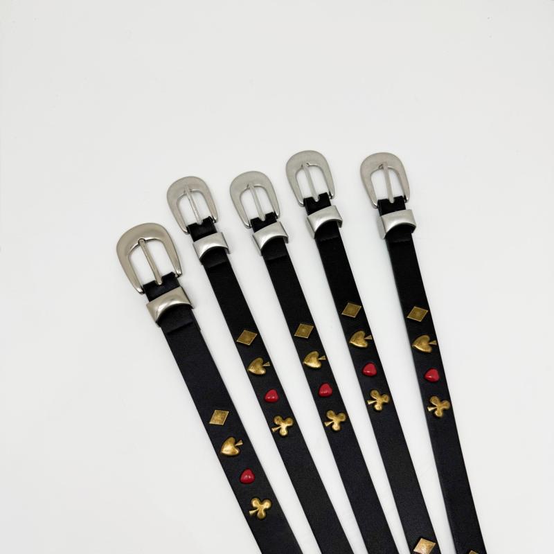 ベルト レディース メンズ スタッズ 風 トランプ柄 ロゴ 牛革 デニム ジーンズ カジュアルパンツ 細ベルト