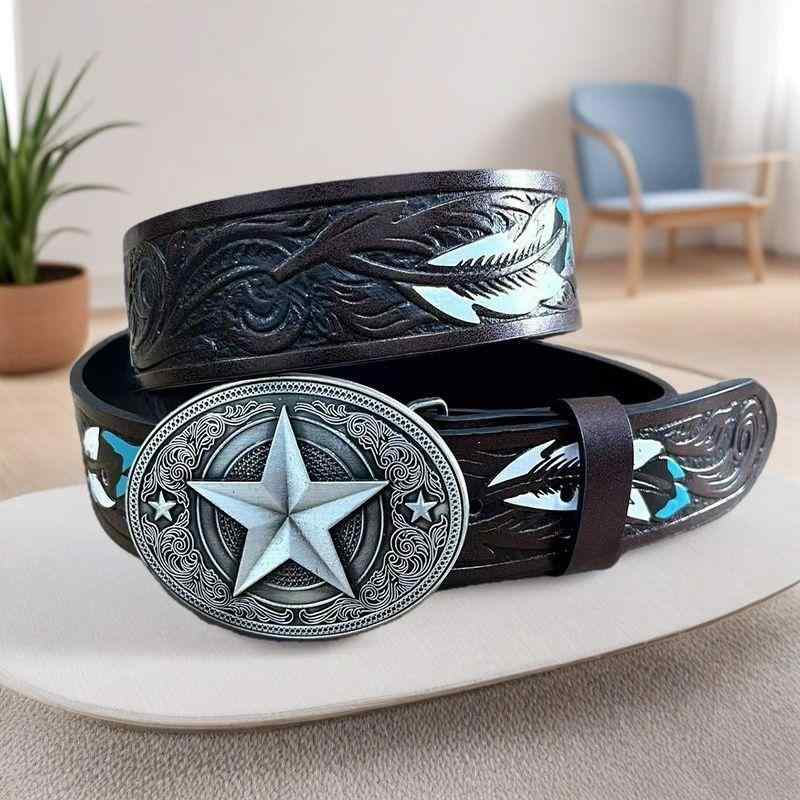 ベルト 男性用 ウエスタン カウボーイ PUレザー 合金 バックル 丈夫 チョコレート色 普段使い(x2)