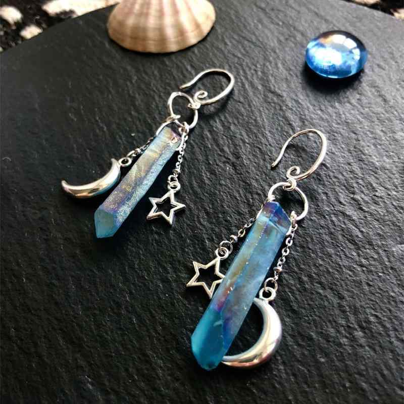 Dine Al - ピアス レディース 民族風 月 星 モチーフ 水晶 ジルコニア ブルー ホワイト シルバーカラー エスニック ボヘミアン パーティー アクセサリー