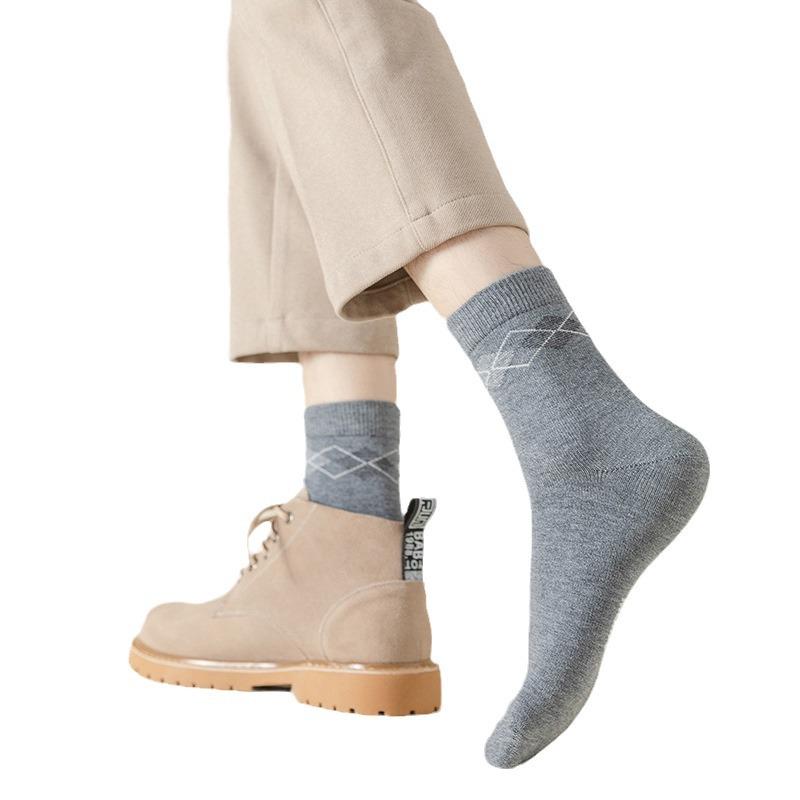 靴下 メンズ 男性用 ウール混 厚手 ソックス パイル編み ミドル丈 リブ 無地 秋冬 あったか 防臭
