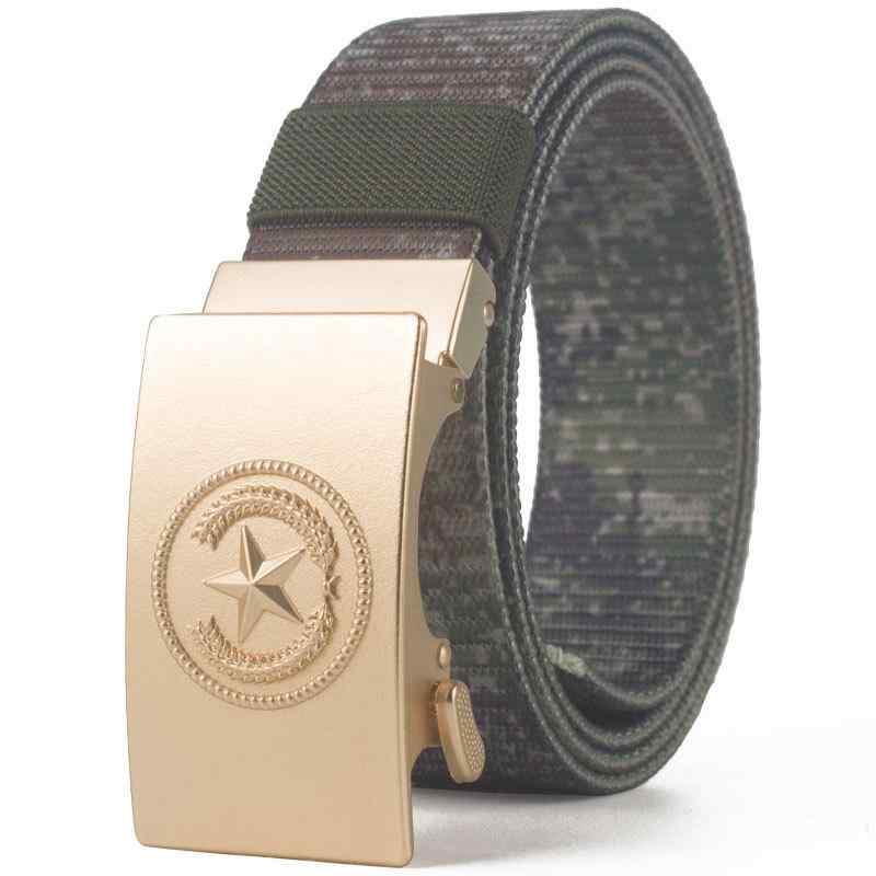 ベルト 男性用 迷彩柄 帆布 ウエストベルト 耐久性 ミリタリースタイル 編み込み 作業用 カーキ ゴールド シルバー・素材: ナイロン・腰带扣材质: 合金・扣合方式: 自动扣・颜色: ゴールド09迷彩五星【军绿】, ゴールド09迷彩五星【...