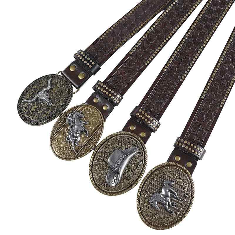Belts - ベルト 男性用 ウエスタン風 リベット スタッズ 型押し レザーベルト 幅広バックル ブラック ブラウン 高見え 普段使い