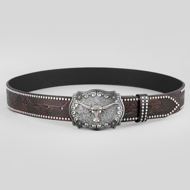 ベルト 男性用 リベット ウエストバンド レトロ アメリカン ウェスタン カウボーイ風 バックル 耐久性 普段使い PUレザー 合金 栗色