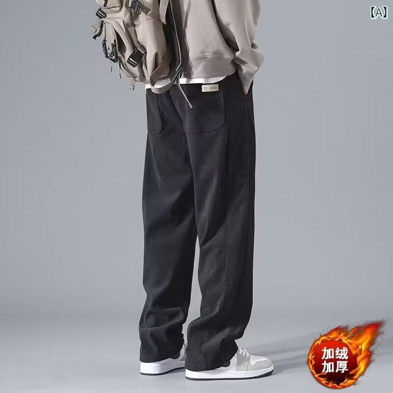 メンズ スウェットパンツ 春秋 直筒型 コーデュロイ ズボン ティーン 中間ウエスト 無地 リラックス ウェア 黒 グレー カーキ M L XL 2XL 3XL 4XL