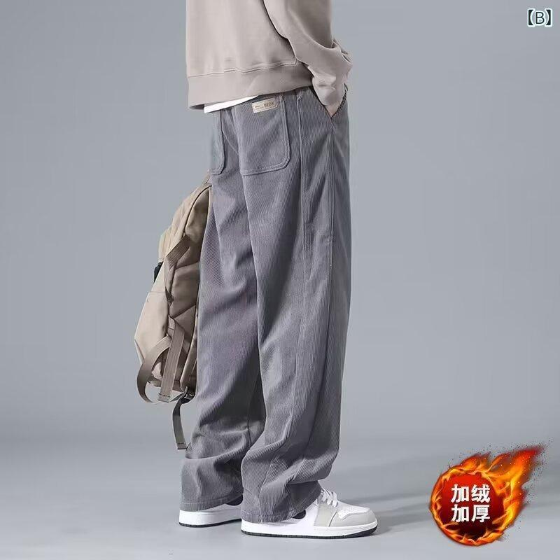メンズ スウェットパンツ 春秋 直筒型 コーデュロイ ズボン ティーン 中間ウエスト 無地 リラックス ウェア 黒 グレー カーキ M L XL 2XL 3XL 4XL