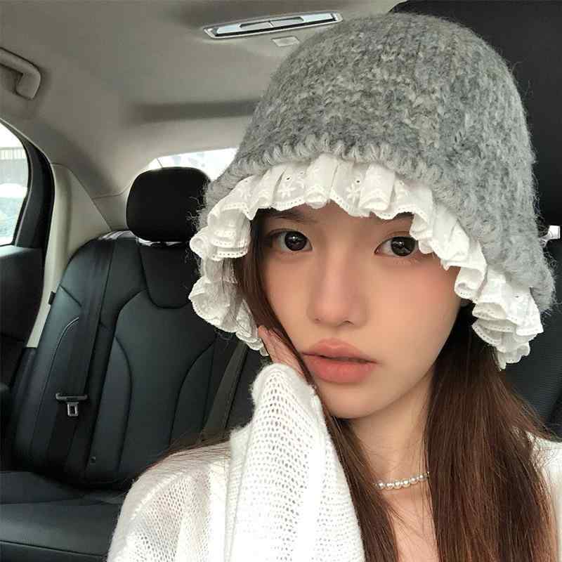 For Women - ニット帽 レディース 秋冬 レース 花柄 漁師帽 ケーブル編み 小顔効果 防寒 暖かい バケットハット かわいい おしゃれ グレー ベージュ ブラック