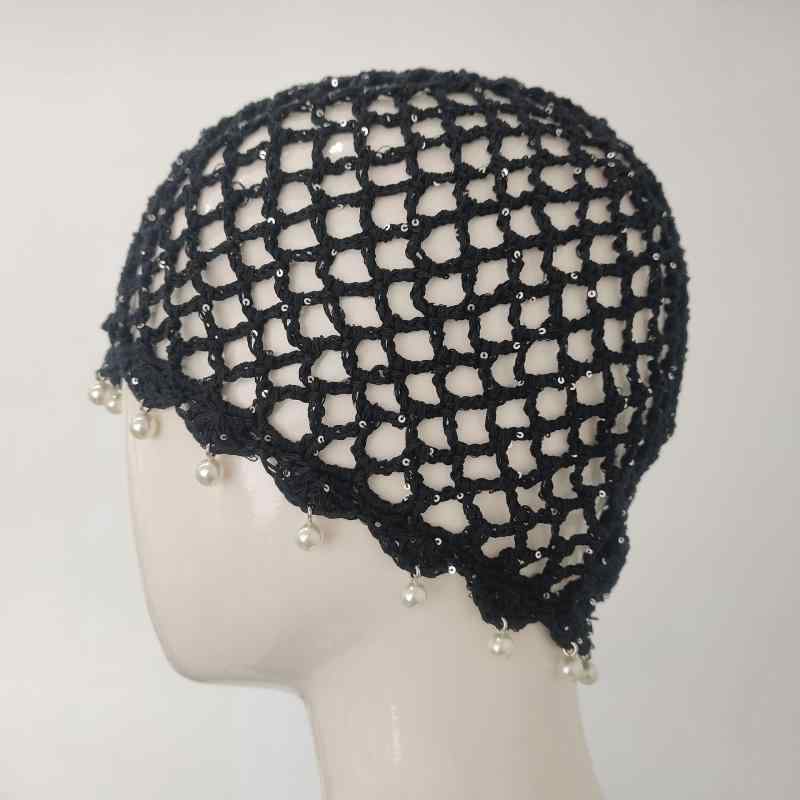 For Women - ニット帽 レディース ボヘミアン風 薄手 透かし編み ビーニー 手編み コットン 白 ブラック