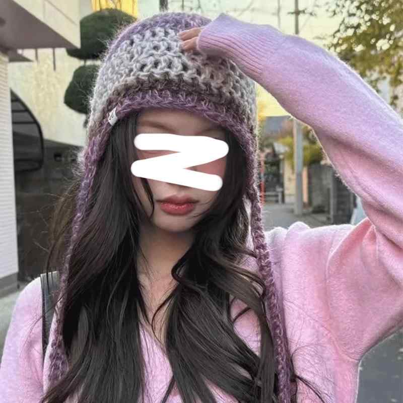 ニット帽 レディース 帽子 秋冬 パープル ブルー ストライプ柄 暖かい かわいい ガ...