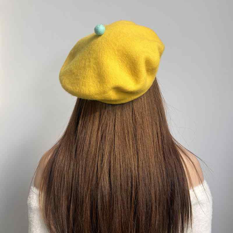 ベレー帽 レディース 秋冬 保温 ウール 手縫い あったか 毛球 かわいい 森ガール 画家 帽子 イエロー ブルー レッド ブラック フリーサイズ(x5)