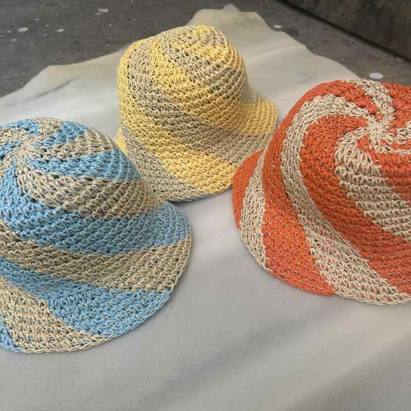 麦わら帽子 レディース 春夏 手編み ペーパーハット つば広 ハット 日よけ UVカット 旅行用 オレンジ イエロー ブルー かわいい おしゃれ 手作り ハンドメイド(x3)