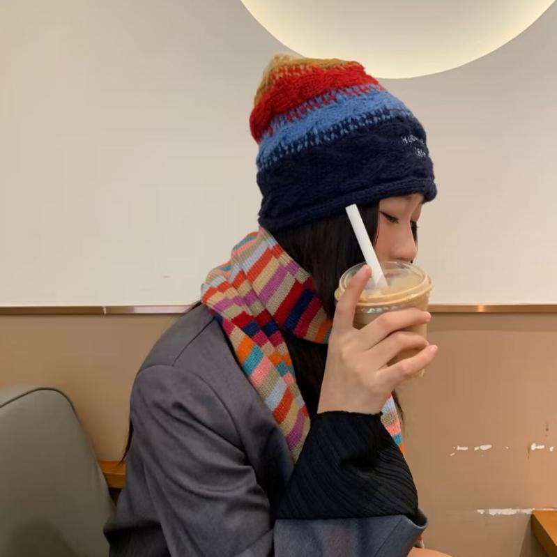 ニット帽 レディース グラデーション カラー ボーダー 秋冬 保温 防寒 ビーニー ワッチキャップ 护耳帽