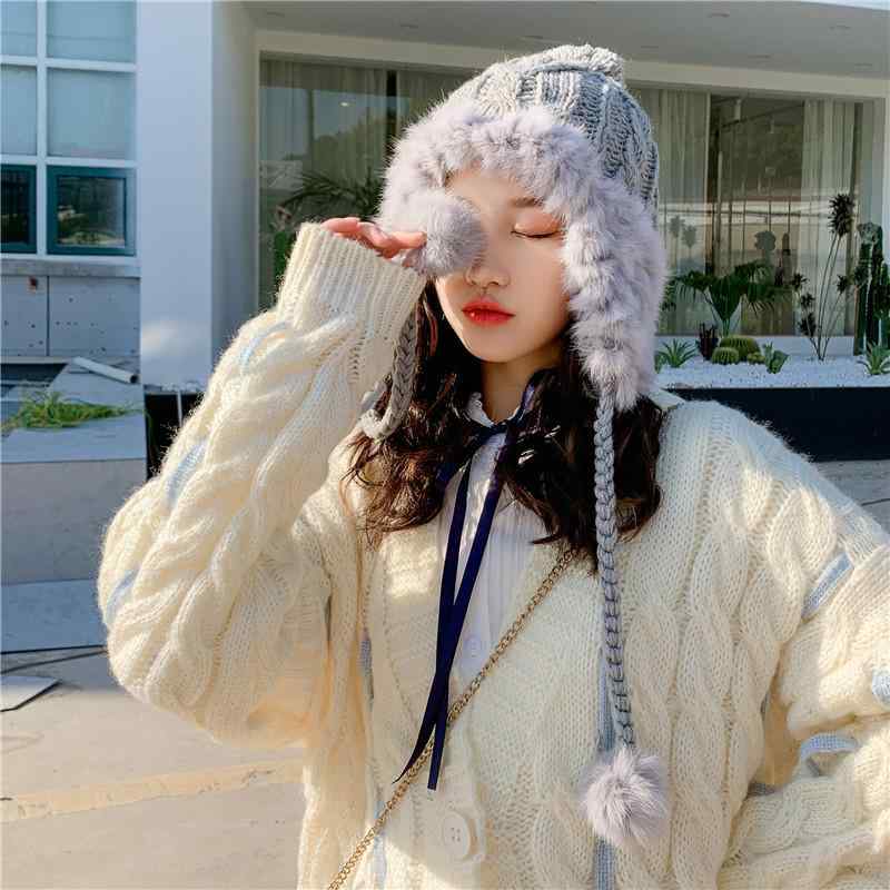 For Women - ニット帽 レディース 秋冬 防寒 兔毛混紡 かわいい 無地 雷鋒帽 耳あて付き 暖かい 韓国 おしゃれ カジュアル ベージュ ブラック(x10)