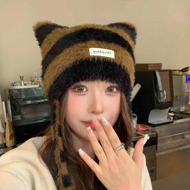 ニット帽 レディース 秋冬 ストライプ 猫耳 暖かい 防寒 帽子 おしゃれ かわいい 毛糸 伸縮性 ブラウン..