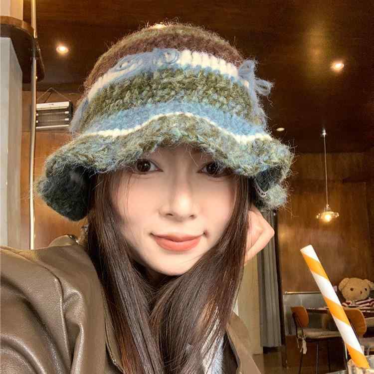 帽子 レディース 秋冬 ニット バケットハット ボーダー 切り替え リボン かわいい 小顔効果 暖かい 防寒 漁夫帽