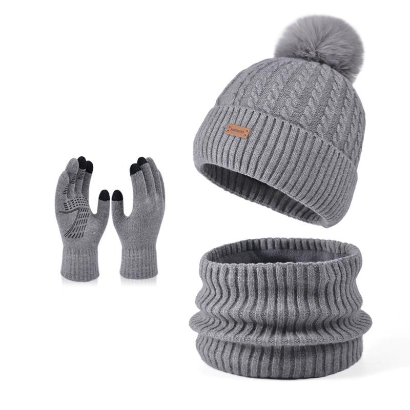 ニット帽 レディース 秋冬 防寒 暖かい ネックウォーマー 手袋 3点セット 韓国 ケーブル編み 無地 かわいい ベージュ グレー(x2)(4)