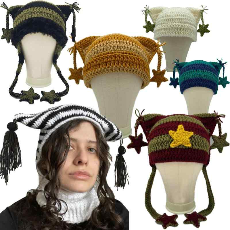 ニット帽 レディース 猫耳 帽子 秋冬 防寒 あったか 暖かい 手編み風 ストライプ かわいい おしゃれ 個性的 カジュアル 普段使い 狐耳 コスプレ 伸縮性 チクチクしにくい ブラウン パープル グリーン ベージュ ピンク ブラック オレンジ(x5)(4)