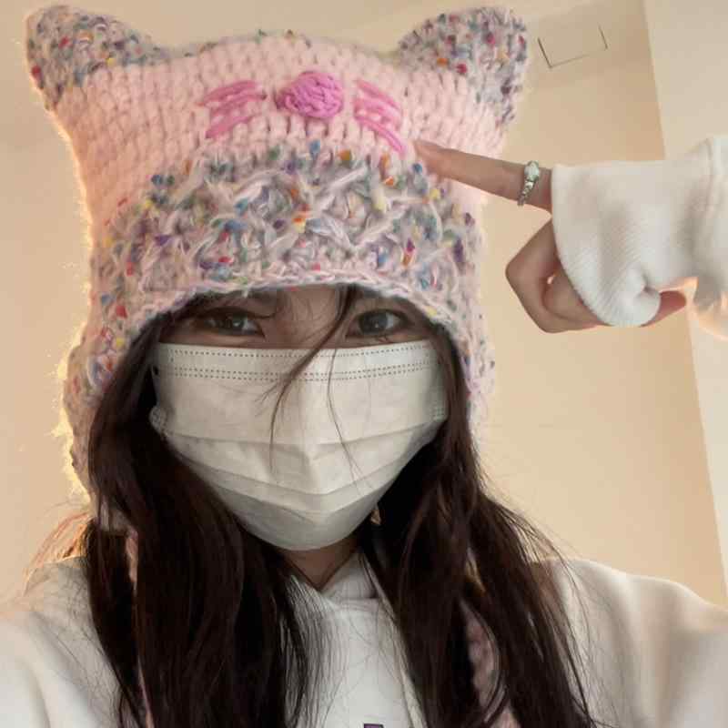 ニット帽 レディース 秋冬 猫耳 手編み 暖かい 防寒 かわいい ピンク系