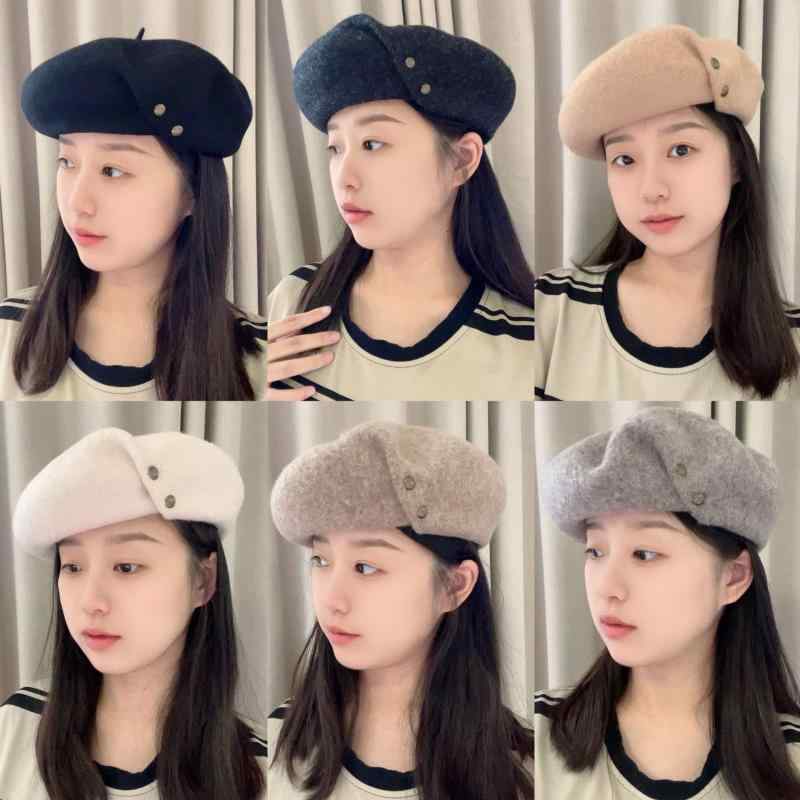 ベレー帽 レディース 秋冬 ウール 画家帽 小顔効果 クラシック レトロ 銅ボタン装飾 立体 帽子 黒 深麻..