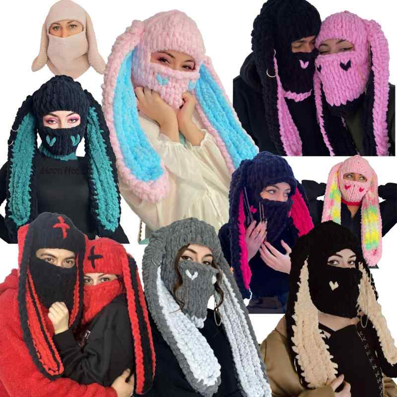 5個セットニット帽 レディース 秋冬 うさぎ耳 帽子 かわいい 防寒 保温 暖かい 柔らかい 厚手 粗編み ブラック ピンク グレー パープル ふわふわ もこもこ 伸縮性