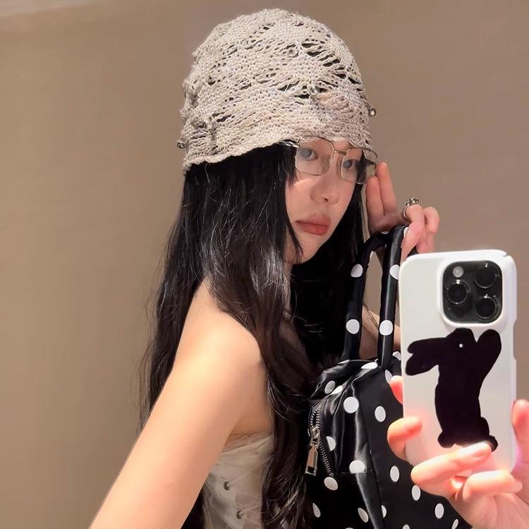 ニット帽 レディース 手編み ビーズ 飾り付き ビーニー キャップ オフホワイト 56-58cm 通気性 秋冬