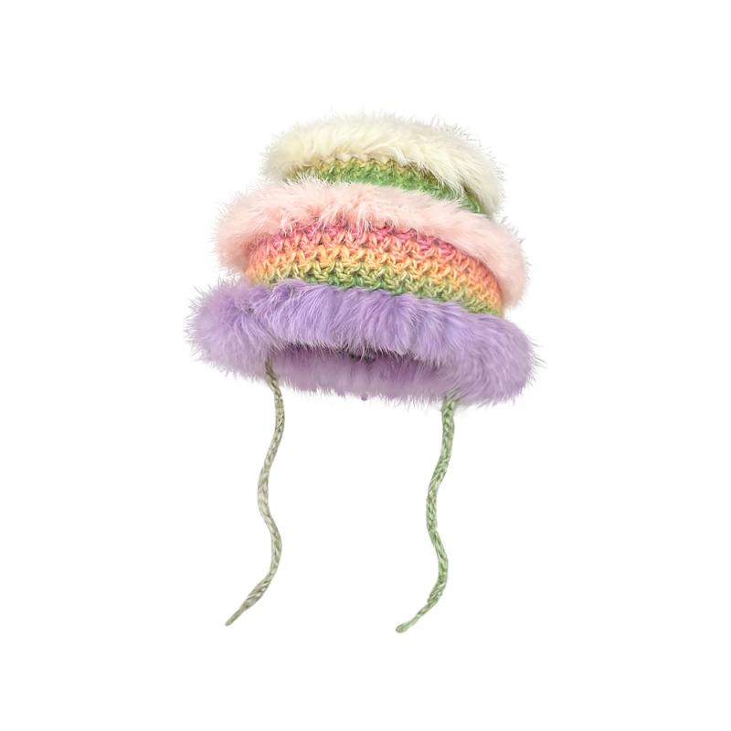 ニット帽 レディース 秋冬 防寒 あったか 毛糸 帽子 かわいい 小顔効果 暖かい ウサギ フェイクファー バイカラー ニットキャップ パープル ピンク イエロー