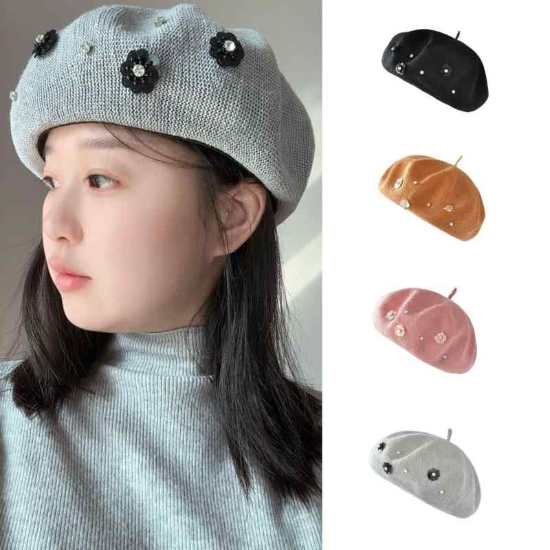 3個セットベレー帽 レディース 春夏 麻 ニット スパンコール ラインストーン 大頭 56cm 57cm 58cm 59cm 60cm おしゃれ かわいい 通気性 日よけ 帽子 グレー ブルー レッド ベージュ ブラック