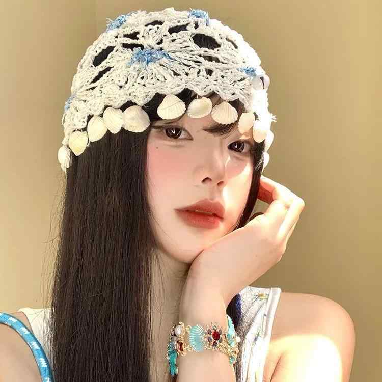 ニット帽 レディース 春秋 貝殻風 タッセル 透かし編み 手編み ビーニー かわいい মিষ্টি ガーリー ナチュラル リゾート