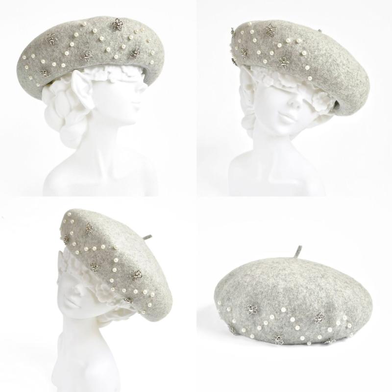 ベレー帽 レディース 秋冬 手縫い花飾り付き ウール グレー あったか 防寒 帽子 かわいい おしゃれ (x3)