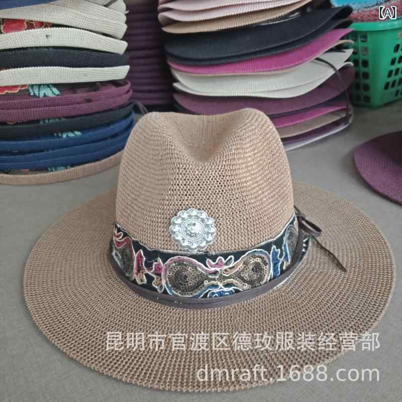 帽子 男女兼用 大判 デニム ハット 刺繍 エスニック 民族風 草編み 麦わら帽子 春夏 紫外線対策 旅行 記念撮影(x2)