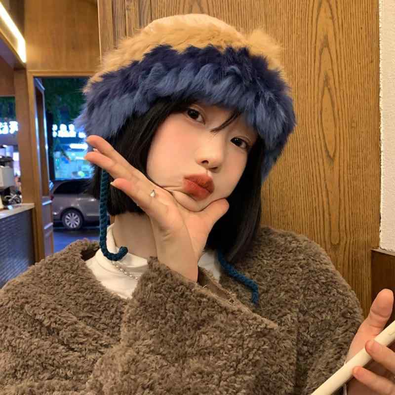 ニット帽 レディース 秋冬 防寒 暖かい 真 兎毛 ファー 毛糸 帽子 ビーニー かわいい 小顔効果 ベージュ コーヒー色 ブルー グリーン(x2)