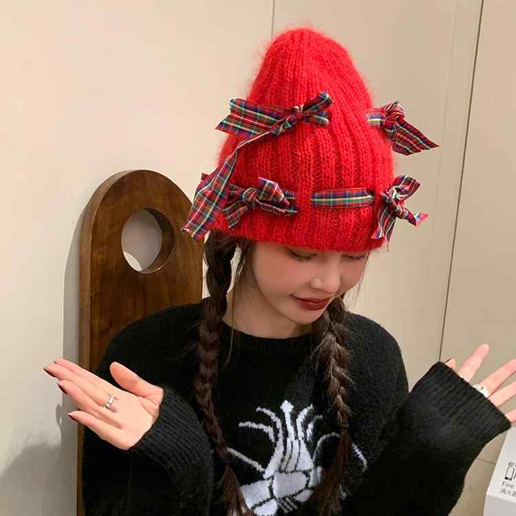 ニット帽 レディース かわいい 蝶結び マフラー風 あったか 防寒 秋冬 赤 紺(x2)