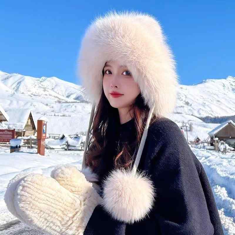 ニット帽 レディース 冬用 帽子 防寒 狐 フェイクファー ファー 裏起毛 スキー スノボ あったか かわいい ガーリー フェミニン 白 ホワイト ベージュ