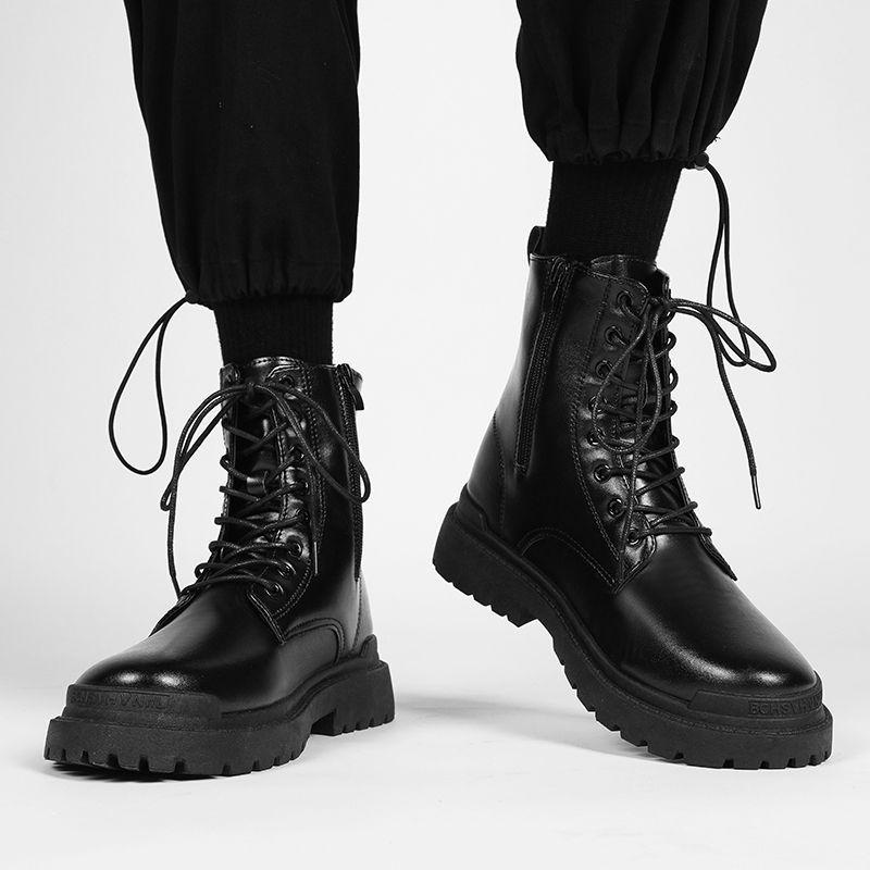 ブーツ メンズ 男性用 秋冬 高筒 防水 防滑 サイドジップ レースアップ PUレザー ブラック 黒 ワークブーツ