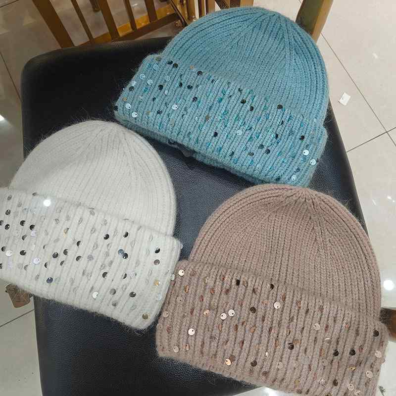ニット帽 レディース 秋冬 アンゴラ ウール 混紡 ビーニー 防寒 あったか かわいい スパンコール カジュアル ハット 青 浅紫 皮粉 ベージュ グレー 黒 ピンク系 白(x2)