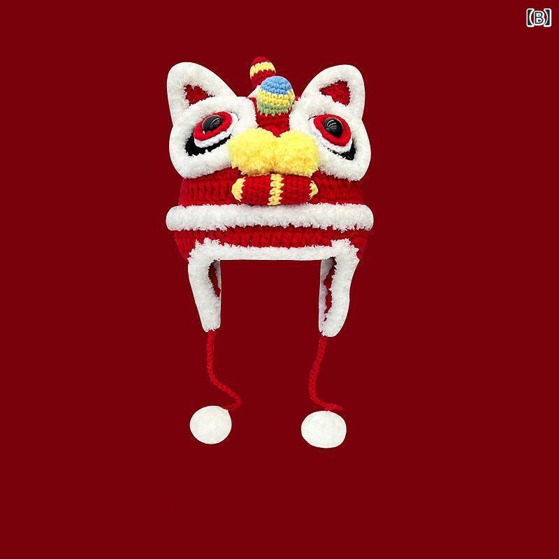ニット帽 親子 ペア 秋冬 ウール 帽子 新年 レッド うさぎ 獅子 防寒 防風 あった...