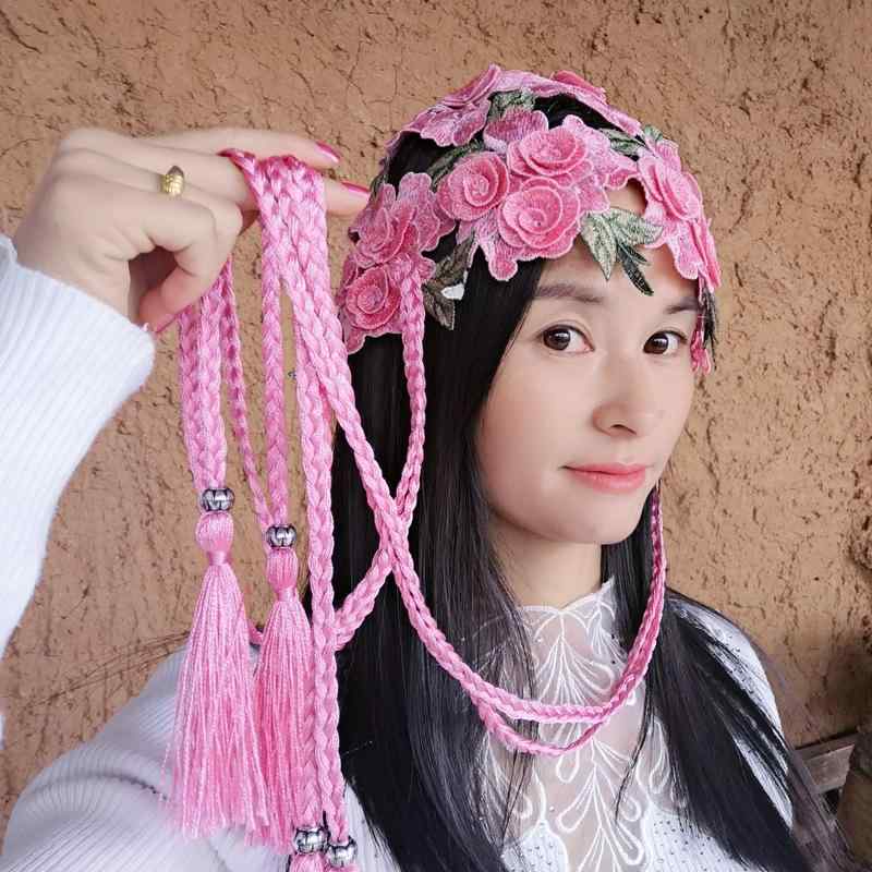 ニット帽 レディース コットン 花柄 刺繍 民族風 包頭帽 ビーニー 薄手 赤 黄色 ピンク系 宝藍色 暗紅色 春秋(x2)