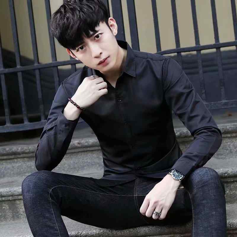 Short Sleeves （Shape Holding） - シャツ メンズ 男性用 スリム 長袖 コットン ビジネス トップス 無地 薄手 黒 ブラック 形態安定 ワイシャツ オフィス カジュアル 通勤